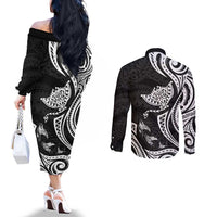 Hawaii Manta Ray Couples Matching Off The Shoulder Long Sleeve Dress and Long Sleeve Button Shirt Polynesian Art Tattoo LT05 - Polynesian Pride