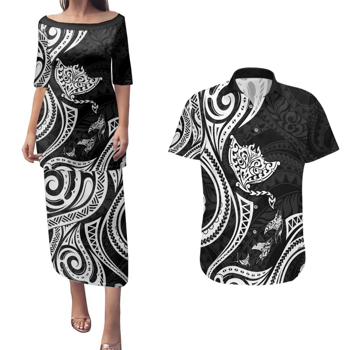 Hawaii Manta Ray Couples Matching Puletasi and Hawaiian Shirt Polynesian Art Tattoo LT05 Black - Polynesian Pride