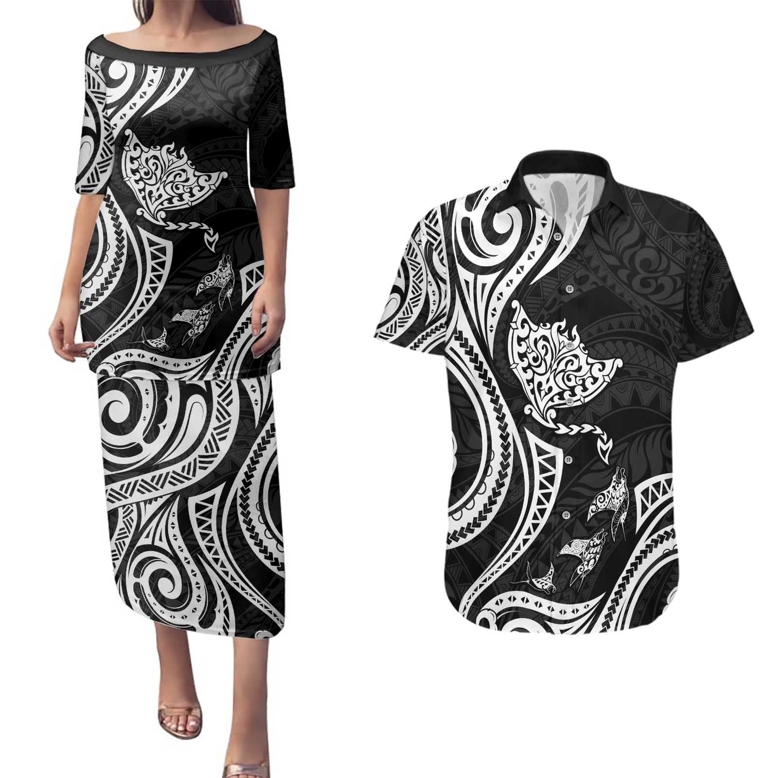 Hawaii Manta Ray Couples Matching Puletasi and Hawaiian Shirt Polynesian Art Tattoo LT05 Black - Polynesian Pride