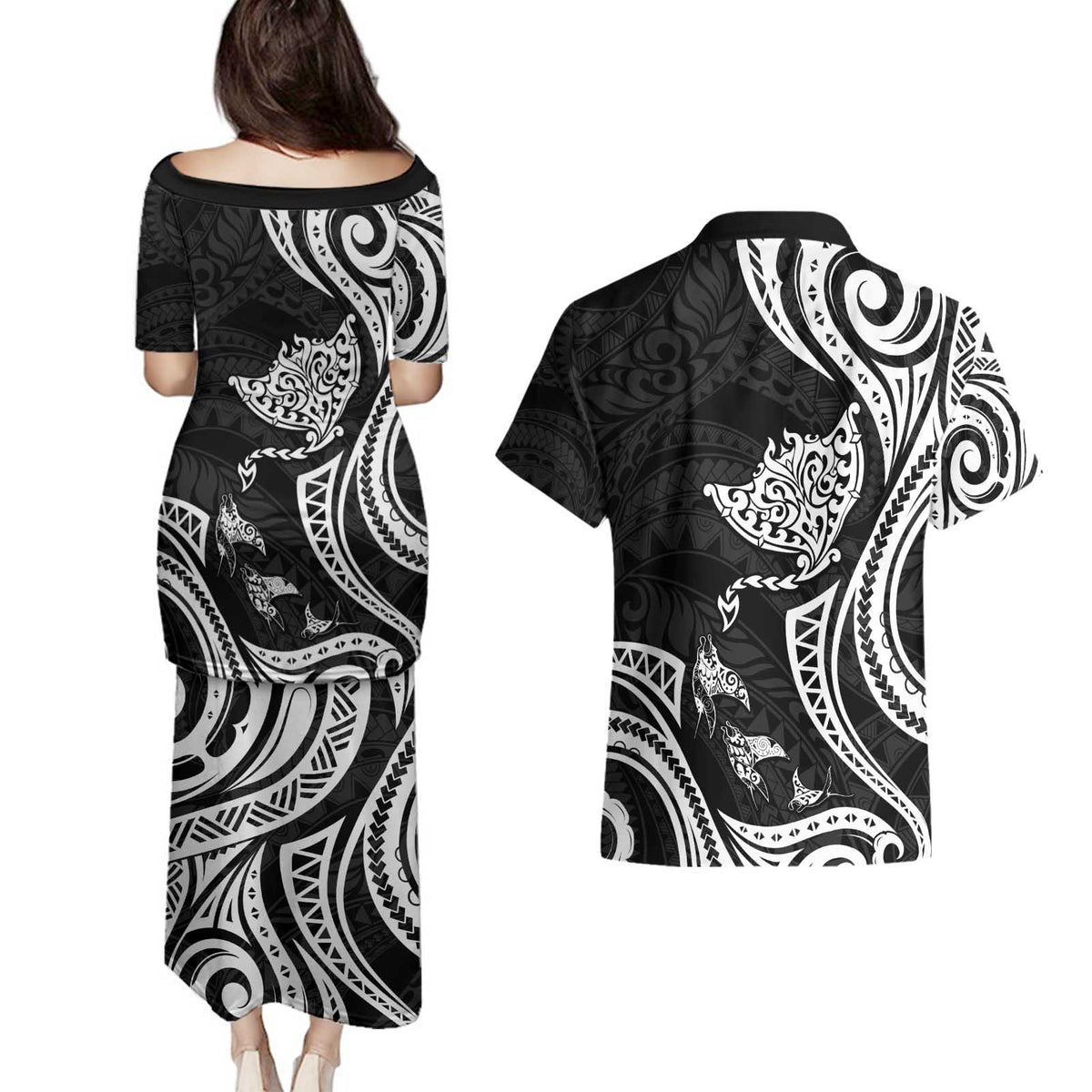 Hawaii Manta Ray Couples Matching Puletasi and Hawaiian Shirt Polynesian Art Tattoo LT05 - Polynesian Pride
