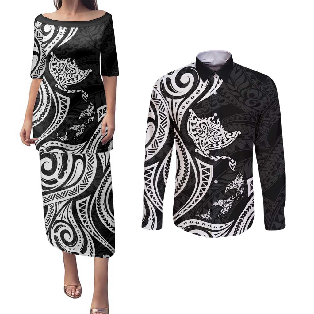 Hawaii Manta Ray Couples Matching Puletasi and Long Sleeve Button Shirt Polynesian Art Tattoo LT05 Black - Polynesian Pride