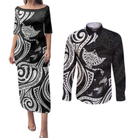Hawaii Manta Ray Couples Matching Puletasi and Long Sleeve Button Shirt Polynesian Art Tattoo LT05 Black - Polynesian Pride