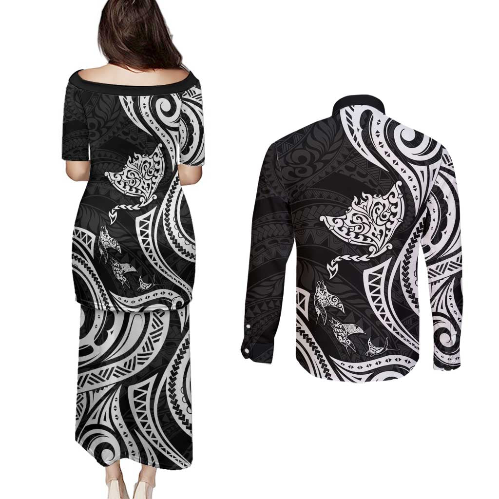 Hawaii Manta Ray Couples Matching Puletasi and Long Sleeve Button Shirt Polynesian Art Tattoo LT05 - Polynesian Pride