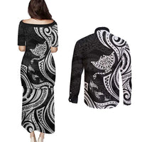 Hawaii Manta Ray Couples Matching Puletasi and Long Sleeve Button Shirt Polynesian Art Tattoo LT05 - Polynesian Pride