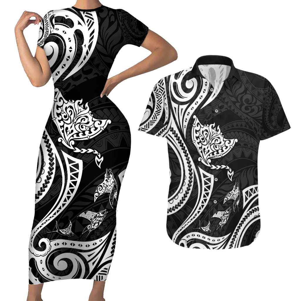 Hawaii Manta Ray Couples Matching Short Sleeve Bodycon Dress and Hawaiian Shirt Polynesian Art Tattoo LT05 Black - Polynesian Pride