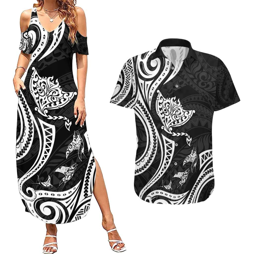 Hawaii Manta Ray Couples Matching Summer Maxi Dress and Hawaiian Shirt Polynesian Art Tattoo LT05 Black - Polynesian Pride