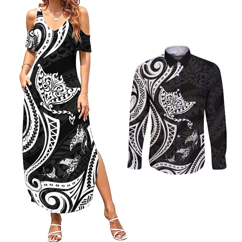 Hawaii Manta Ray Couples Matching Summer Maxi Dress and Long Sleeve Button Shirt Polynesian Art Tattoo LT05 Black - Polynesian Pride