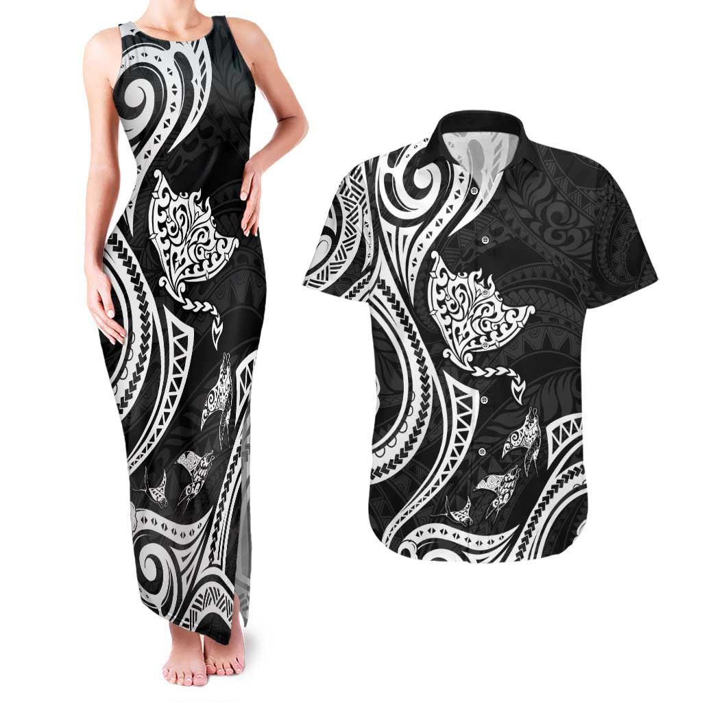 Hawaii Manta Ray Couples Matching Tank Maxi Dress and Hawaiian Shirt Polynesian Art Tattoo LT05 Black - Polynesian Pride