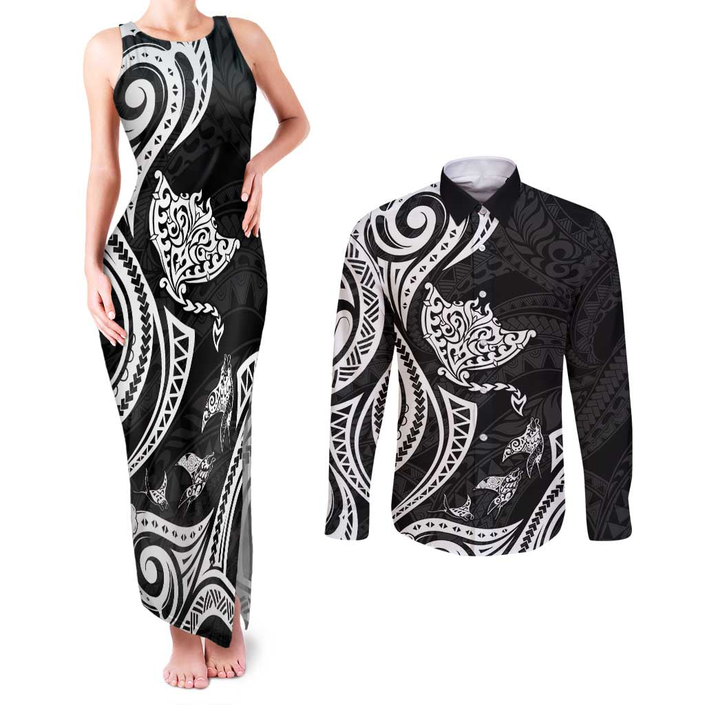 Hawaii Manta Ray Couples Matching Tank Maxi Dress and Long Sleeve Button Shirt Polynesian Art Tattoo LT05 Black - Polynesian Pride