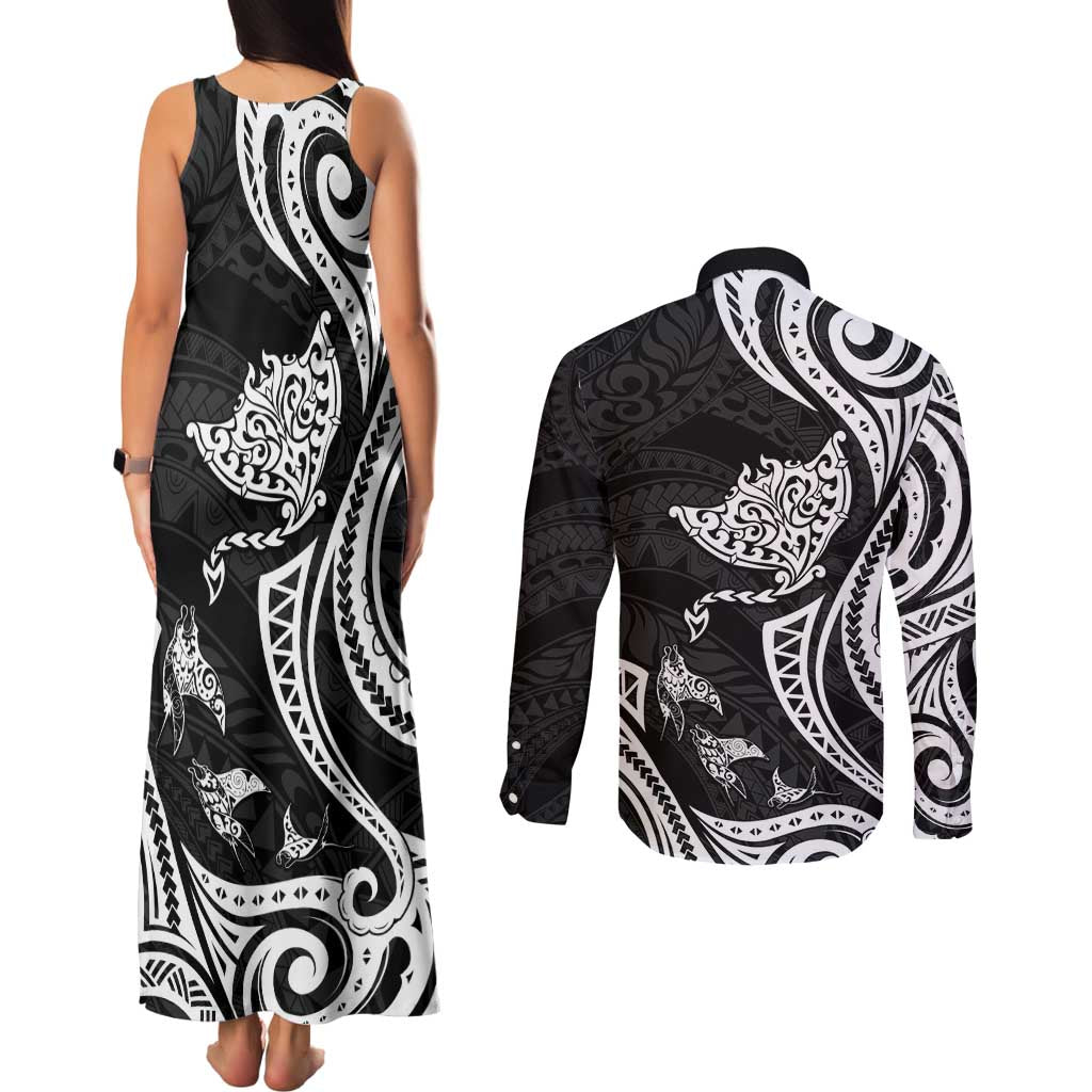 Hawaii Manta Ray Couples Matching Tank Maxi Dress and Long Sleeve Button Shirt Polynesian Art Tattoo LT05 - Polynesian Pride