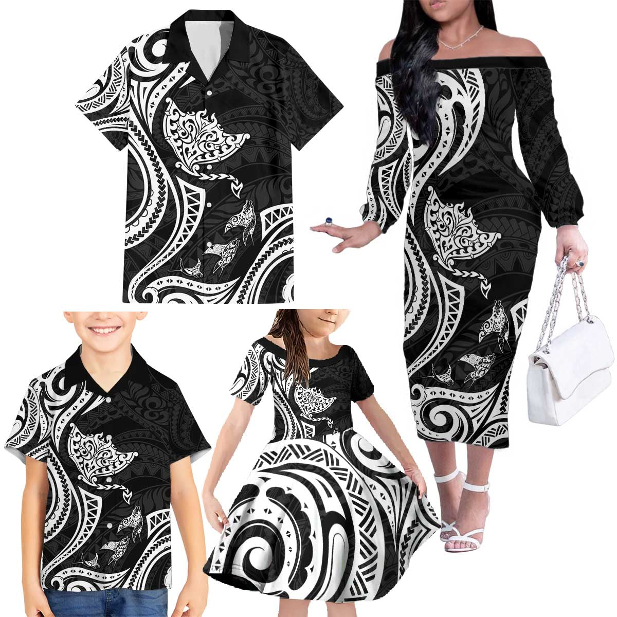 Hawaii Manta Ray Family Matching Off The Shoulder Long Sleeve Dress and Hawaiian Shirt Polynesian Art Tattoo