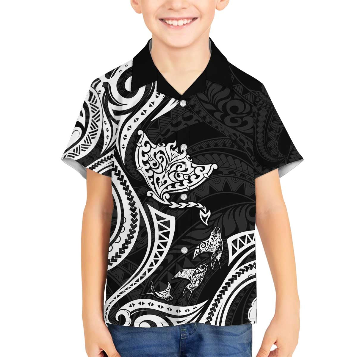 Hawaii Manta Ray Family Matching Off The Shoulder Long Sleeve Dress and Hawaiian Shirt Polynesian Art Tattoo