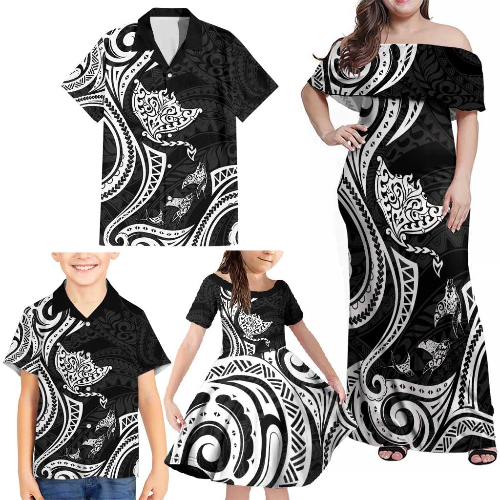 Hawaii Manta Ray Family Matching Off Shoulder Maxi Dress and Hawaiian Shirt Polynesian Art Tattoo