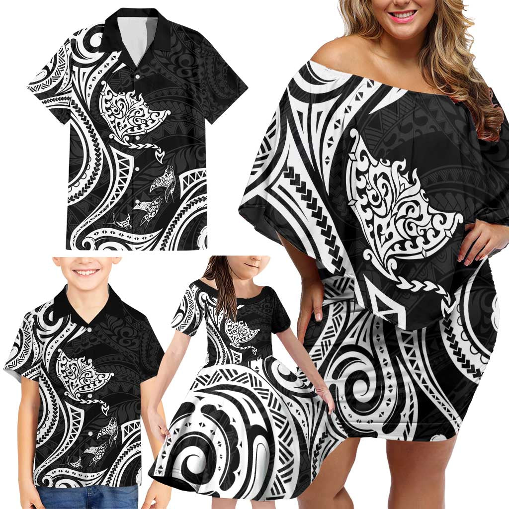 Hawaii Manta Ray Family Matching Off Shoulder Short Dress and Hawaiian Shirt Polynesian Art Tattoo