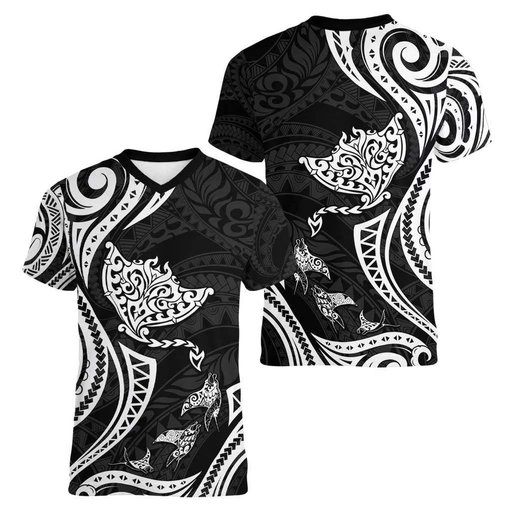 Hawaii Manta Ray Women V-Neck T-Shirt Polynesian Art Tattoo LT05 - Polynesian Pride