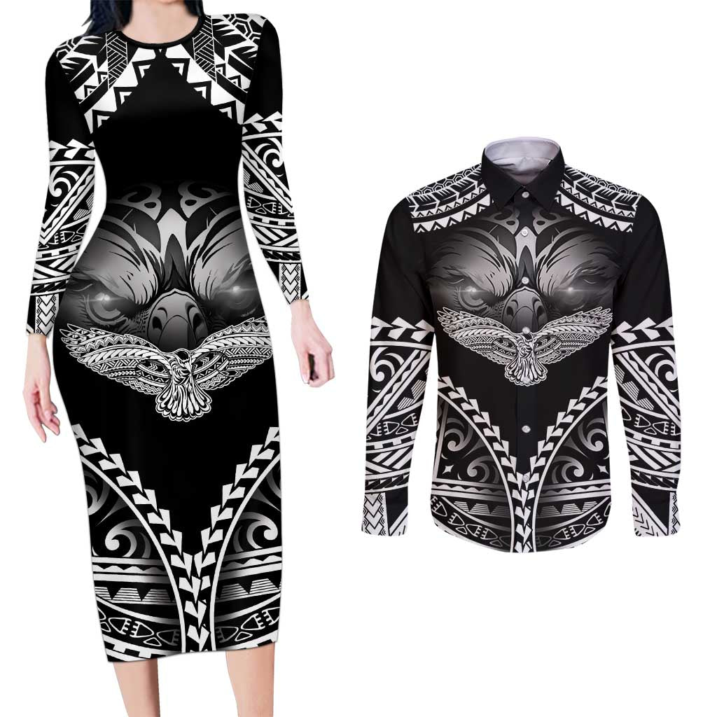 Hawaiian Hawk Couples Matching Long Sleeve Bodycon Dress and Long Sleeve Button Shirt Polynesian Pattern Style LT05 Black - Polynesian Pride