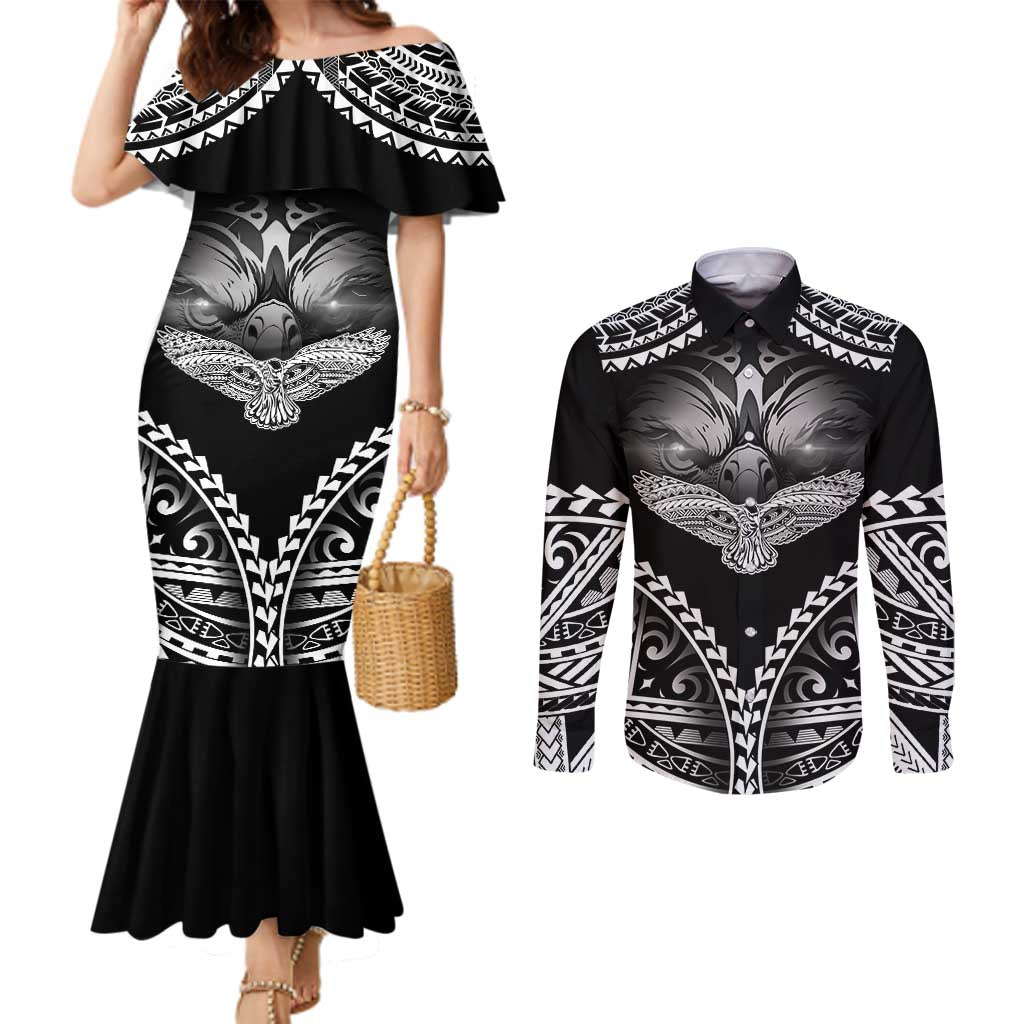 Hawaiian Hawk Couples Matching Mermaid Dress and Long Sleeve Button Shirt Polynesian Pattern Style LT05 Black - Polynesian Pride