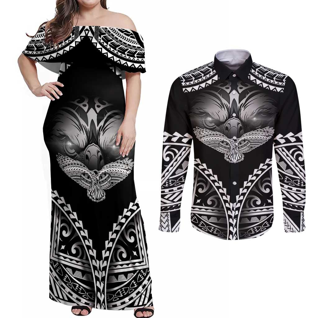Hawaiian Hawk Couples Matching Off Shoulder Maxi Dress and Long Sleeve Button Shirt Polynesian Pattern Style LT05 Black - Polynesian Pride
