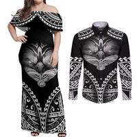 Hawaiian Hawk Couples Matching Off Shoulder Maxi Dress and Long Sleeve Button Shirt Polynesian Pattern Style LT05 Black - Polynesian Pride