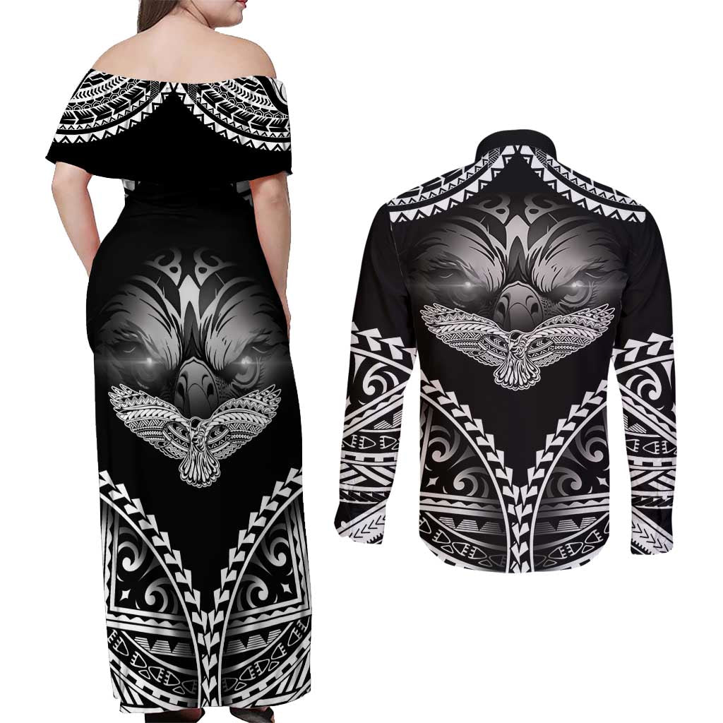 Hawaiian Hawk Couples Matching Off Shoulder Maxi Dress and Long Sleeve Button Shirt Polynesian Pattern Style LT05 - Polynesian Pride