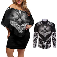 Hawaiian Hawk Couples Matching Off Shoulder Short Dress and Long Sleeve Button Shirt Polynesian Pattern Style LT05 Black - Polynesian Pride
