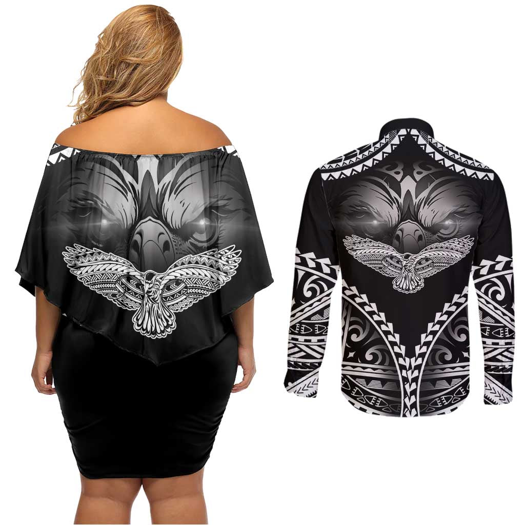 Hawaiian Hawk Couples Matching Off Shoulder Short Dress and Long Sleeve Button Shirt Polynesian Pattern Style LT05 - Polynesian Pride