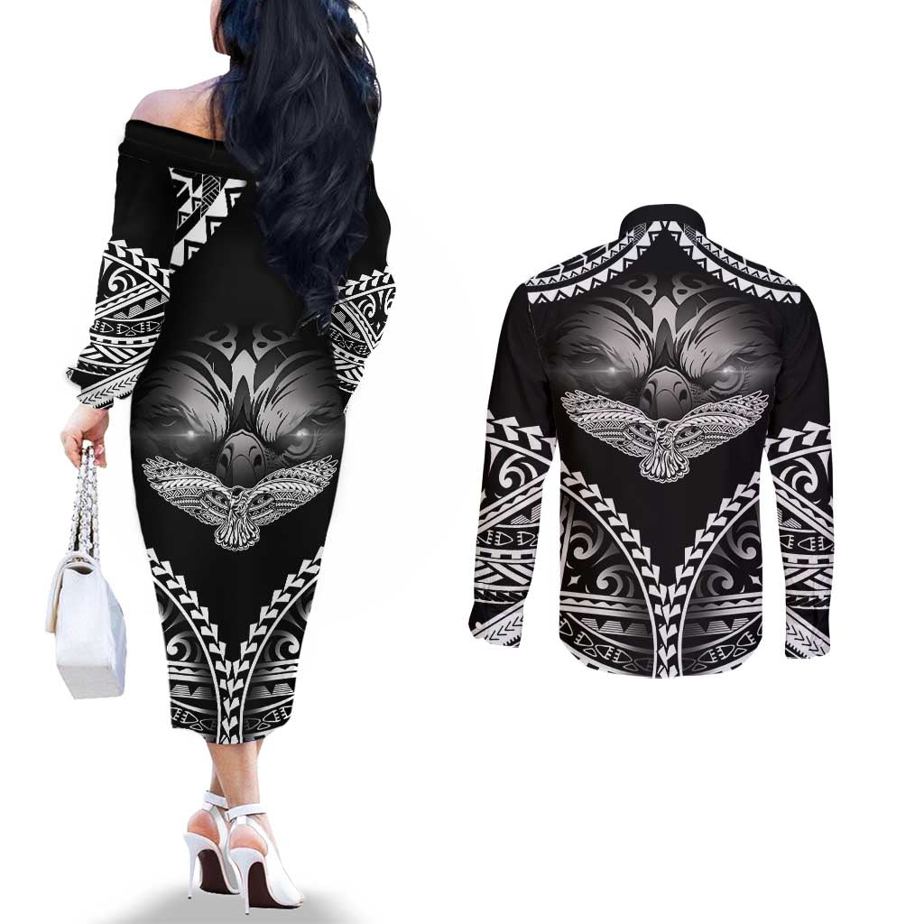 Hawaiian Hawk Couples Matching Off The Shoulder Long Sleeve Dress and Long Sleeve Button Shirt Polynesian Pattern Style LT05 - Polynesian Pride