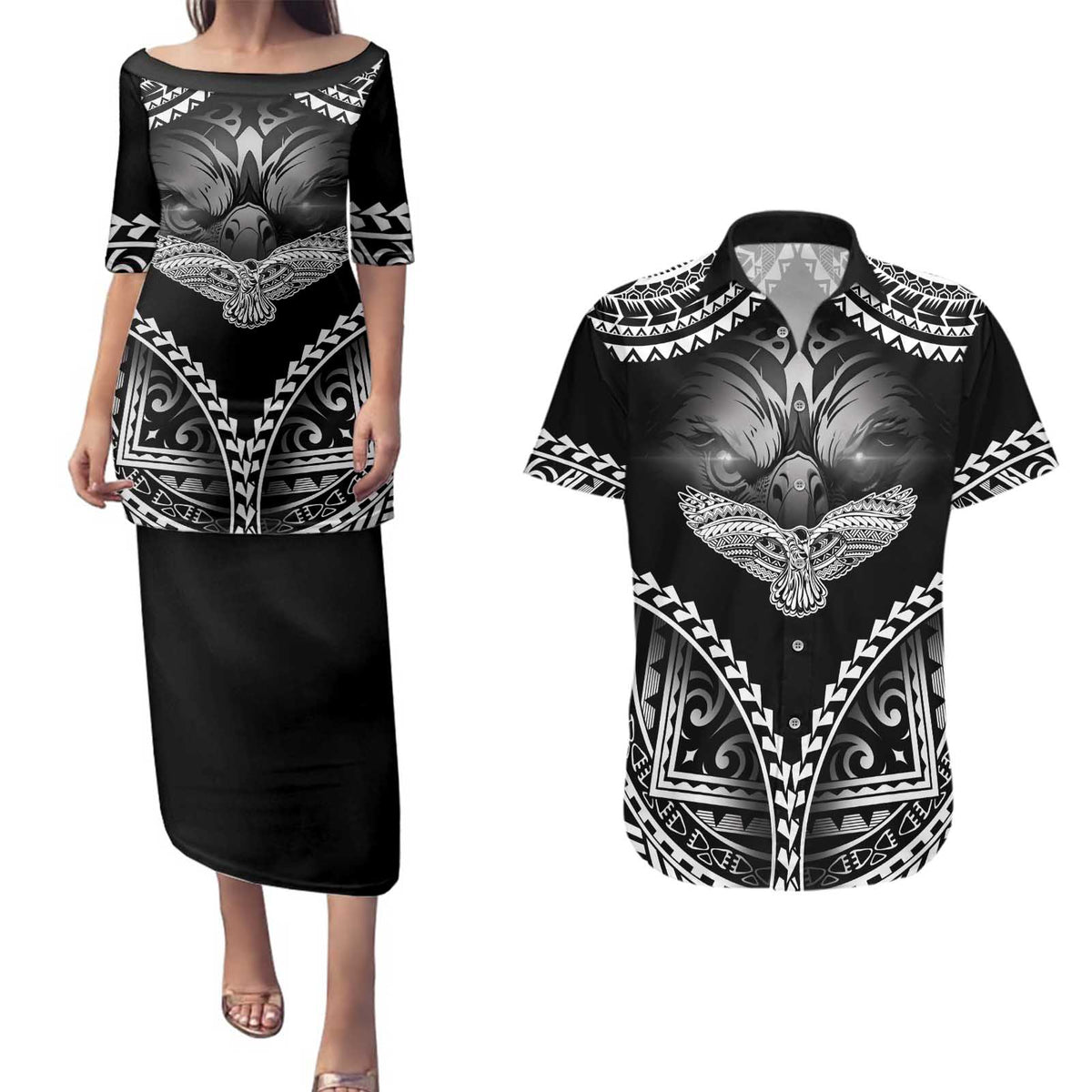 Hawaiian Hawk Couples Matching Puletasi and Hawaiian Shirt Polynesian Pattern Style LT05 Black - Polynesian Pride
