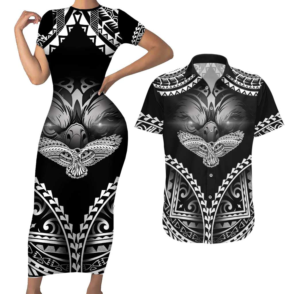 Hawaiian Hawk Couples Matching Short Sleeve Bodycon Dress and Hawaiian Shirt Polynesian Pattern Style LT05 Black - Polynesian Pride