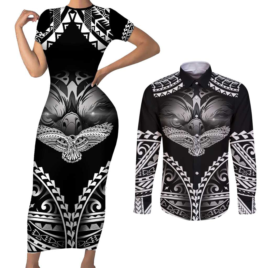 Hawaiian Hawk Couples Matching Short Sleeve Bodycon Dress and Long Sleeve Button Shirt Polynesian Pattern Style LT05 Black - Polynesian Pride
