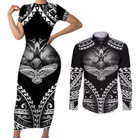 Hawaiian Hawk Couples Matching Short Sleeve Bodycon Dress and Long Sleeve Button Shirt Polynesian Pattern Style LT05 Black - Polynesian Pride