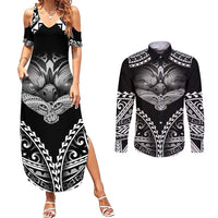 Hawaiian Hawk Couples Matching Summer Maxi Dress and Long Sleeve Button Shirt Polynesian Pattern Style LT05 Black - Polynesian Pride