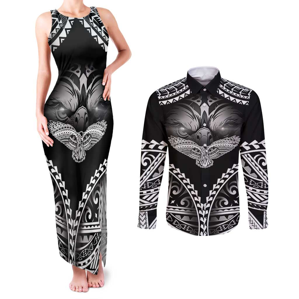 Hawaiian Hawk Couples Matching Tank Maxi Dress and Long Sleeve Button Shirt Polynesian Pattern Style LT05 Black - Polynesian Pride