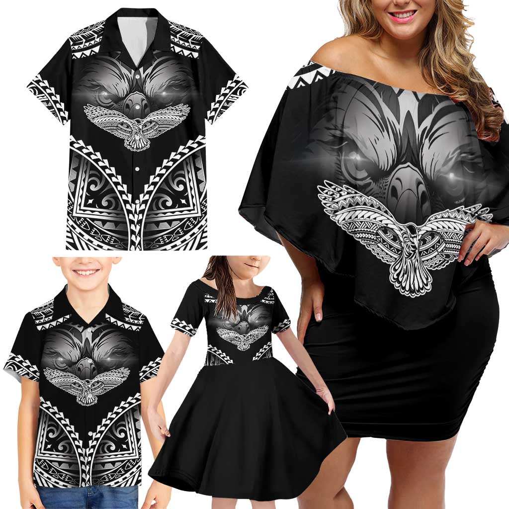 Hawaiian Hawk Family Matching Off Shoulder Short Dress and Hawaiian Shirt Polynesian Pattern Style