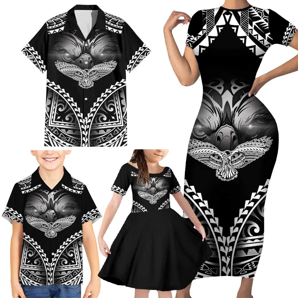 Hawaiian Hawk Family Matching Short Sleeve Bodycon Dress and Hawaiian Shirt Polynesian Pattern Style