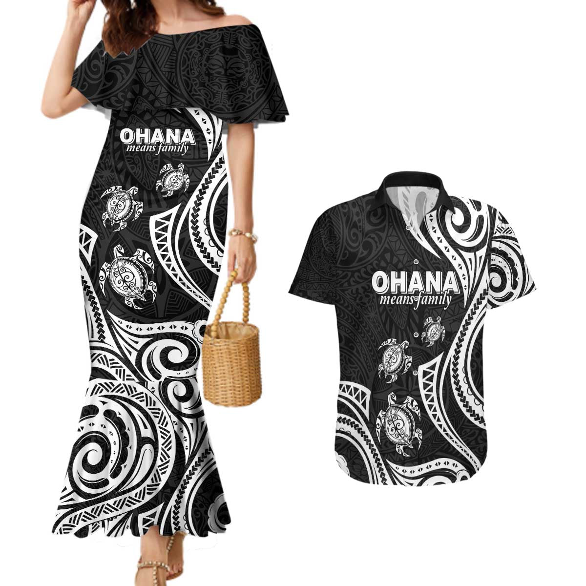 Hawaii Ohana Means Family Couples Matching Mermaid Dress and Hawaiian Shirt Sea Turtle Polynesian Style