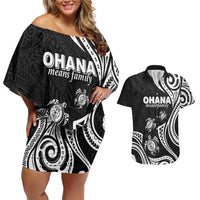 Hawaii Ohana Means Family Couples Matching Off Shoulder Short Dress and Hawaiian Shirt Sea Turtle Polynesian Style