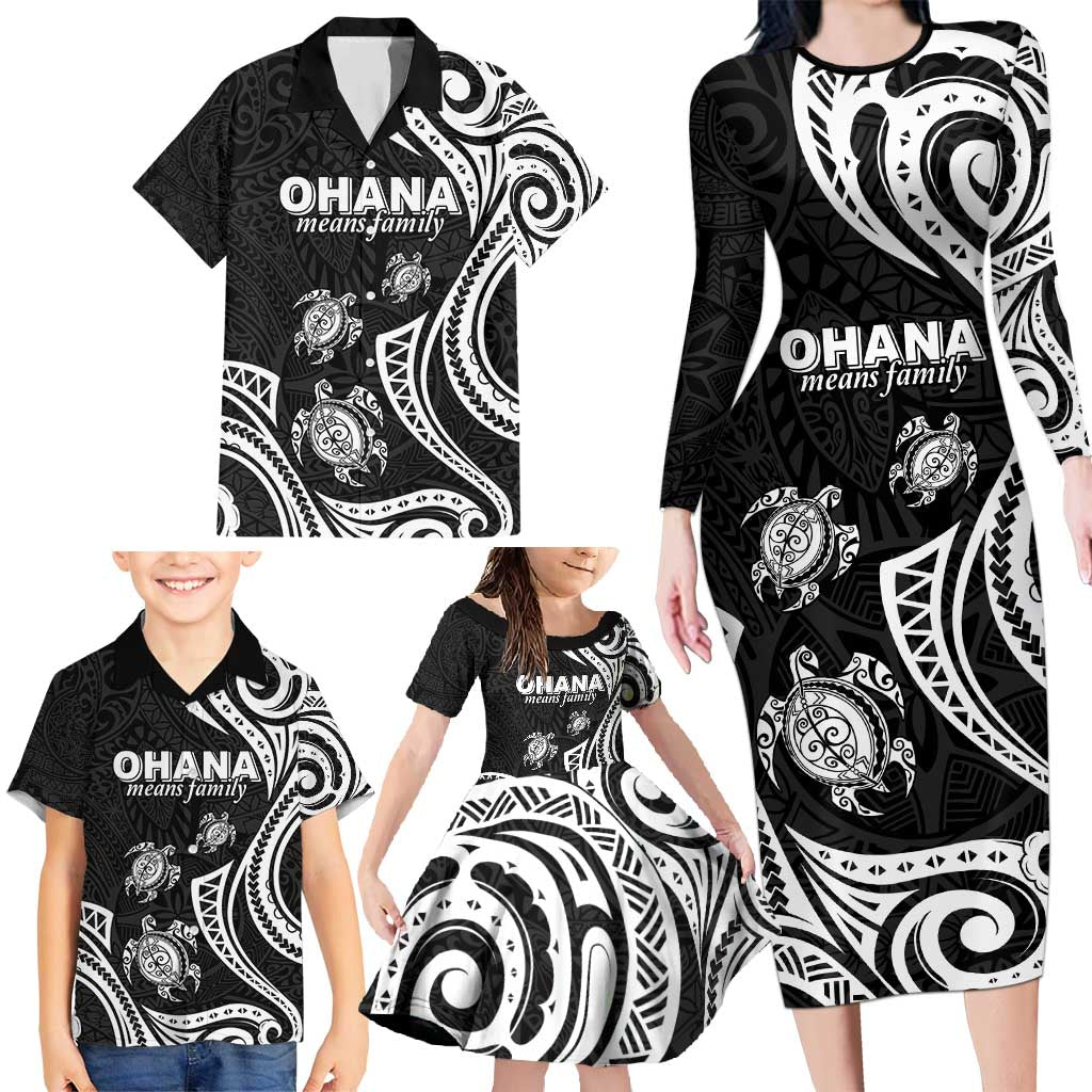 Hawaii Ohana Means Family Family Matching Long Sleeve Bodycon Dress and Hawaiian Shirt Sea Turtle Polynesian Style