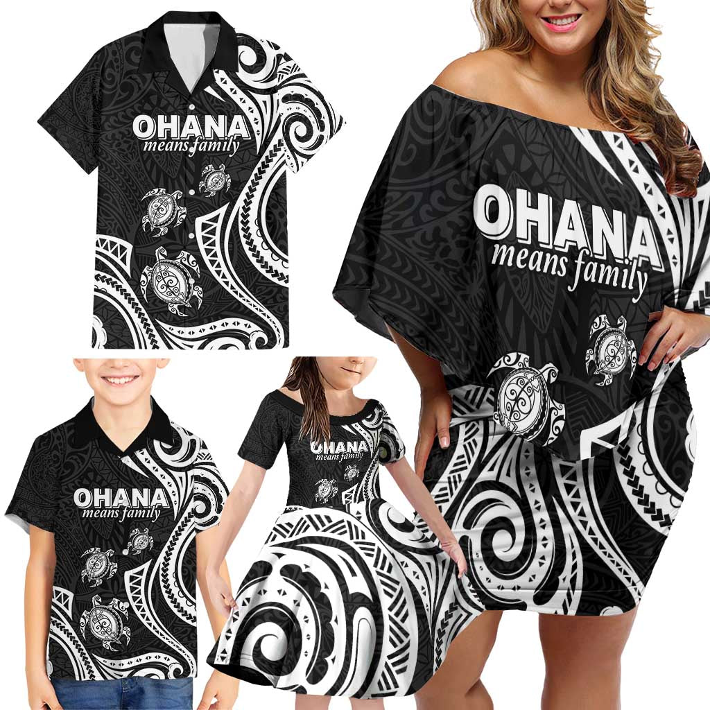 Hawaii Ohana Means Family Family Matching Off Shoulder Short Dress and Hawaiian Shirt Sea Turtle Polynesian Style