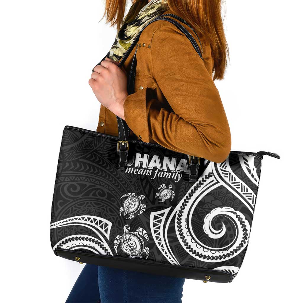 Hawaii Ohana Means Family Leather Tote Bag Sea Turtle Polynesian Style LT05 Black - Polynesian Pride