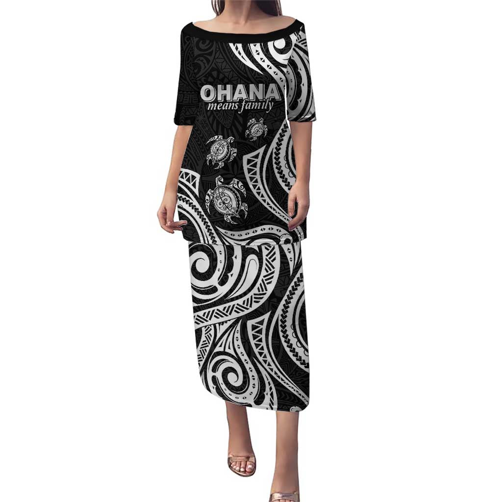 Hawaii Ohana Means Family Puletasi Sea Turtle Polynesian Style LT05 Long Dress Black - Polynesian Pride