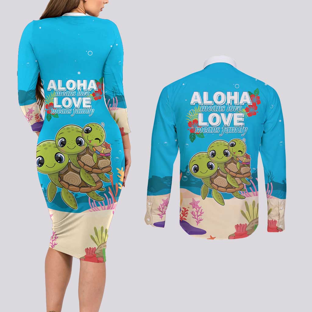 Ohana Hawaii Couples Matching Long Sleeve Bodycon Dress and Long Sleeve Button Shirt Kawaii Family Turtle