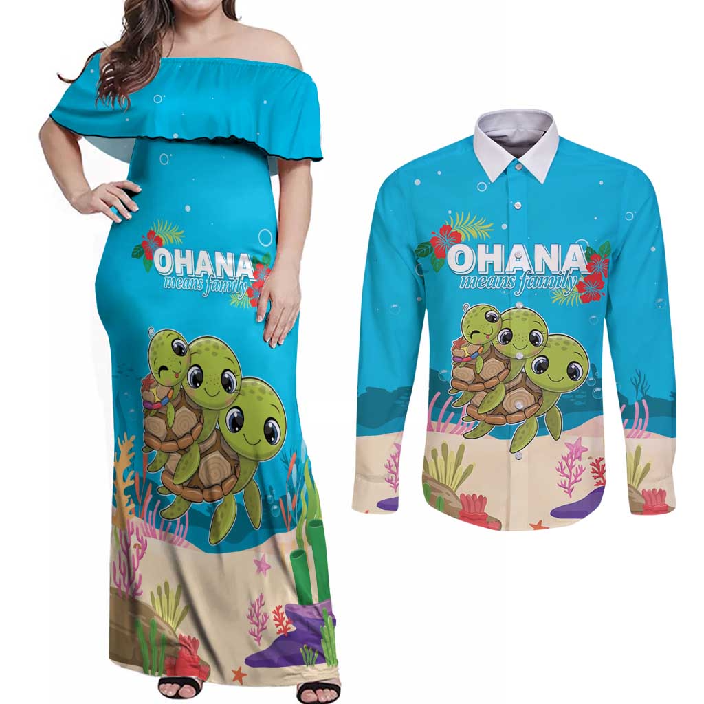 Ohana Hawaii Couples Matching Off Shoulder Maxi Dress and Long Sleeve Button Shirt Kawaii Family Turtle