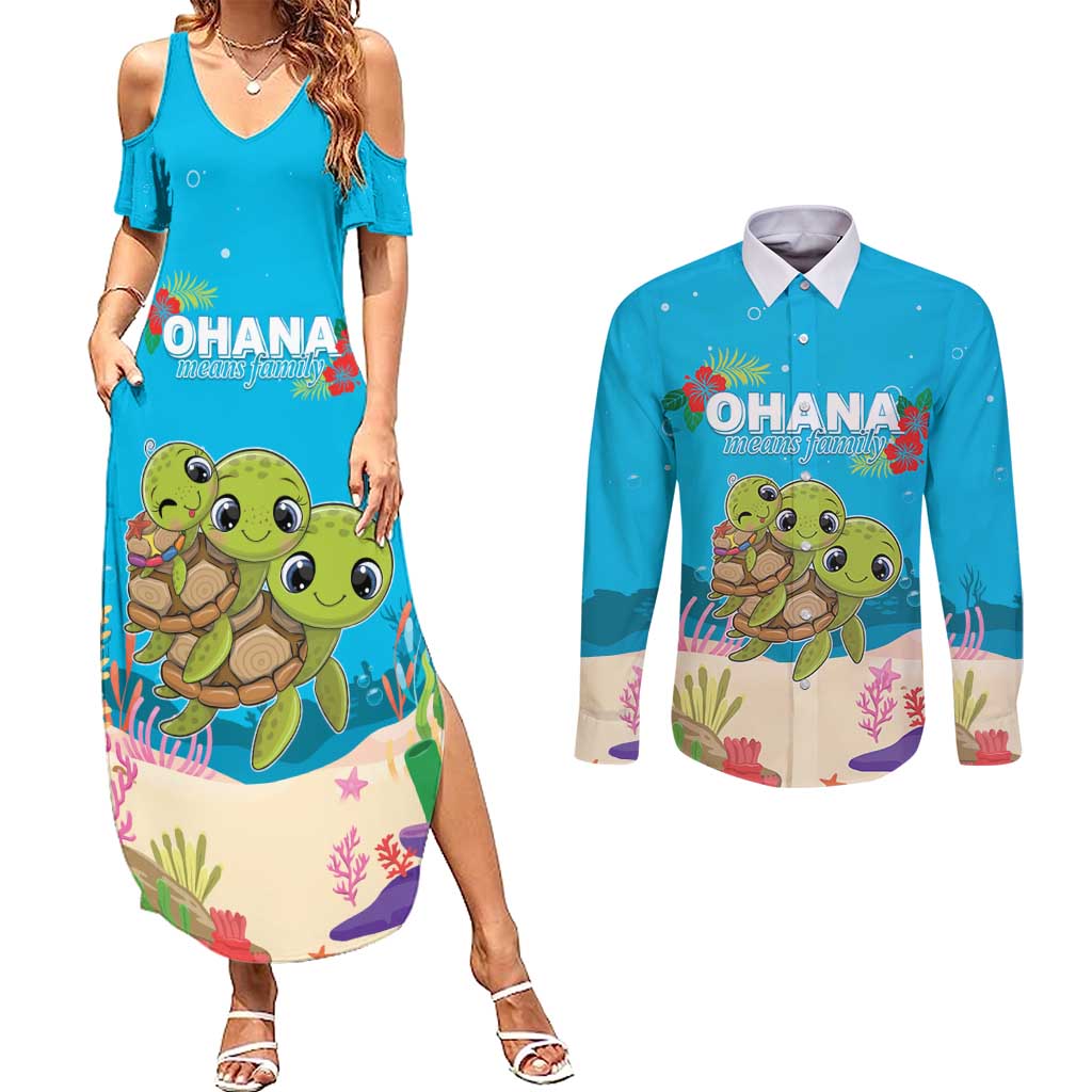Ohana Hawaii Couples Matching Summer Maxi Dress and Long Sleeve Button Shirt Kawaii Family Turtle