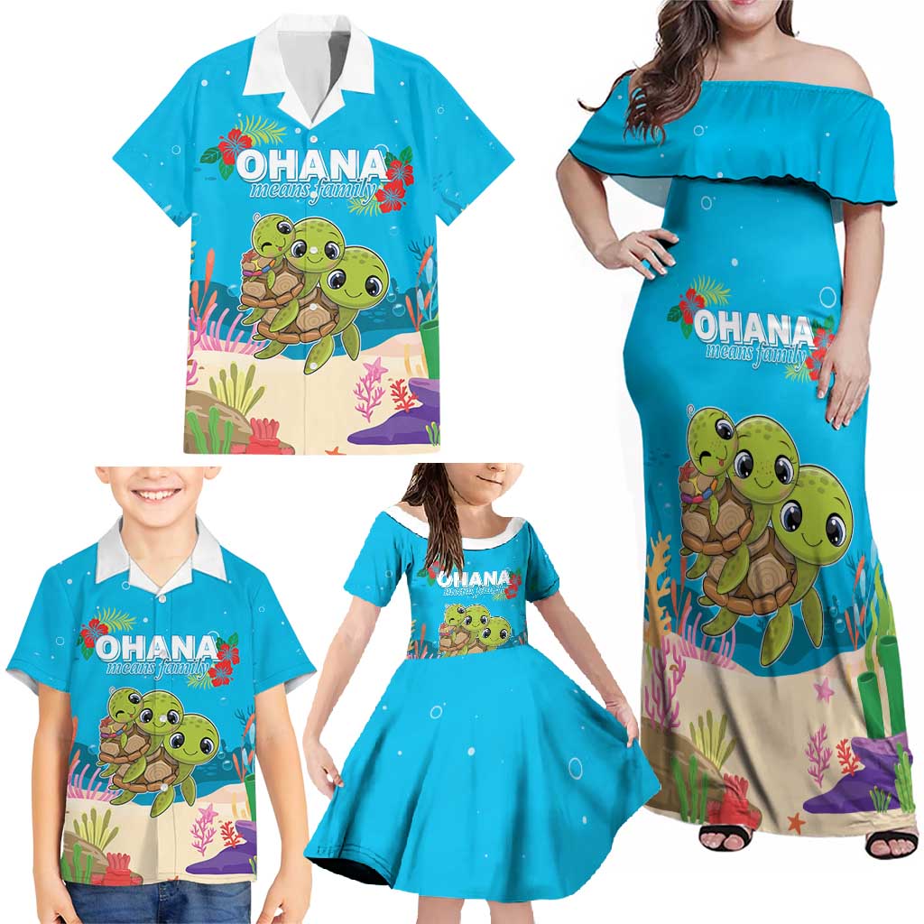 Ohana Hawaii Family Matching Off Shoulder Maxi Dress and Hawaiian Shirt Kawaii Family Turtle