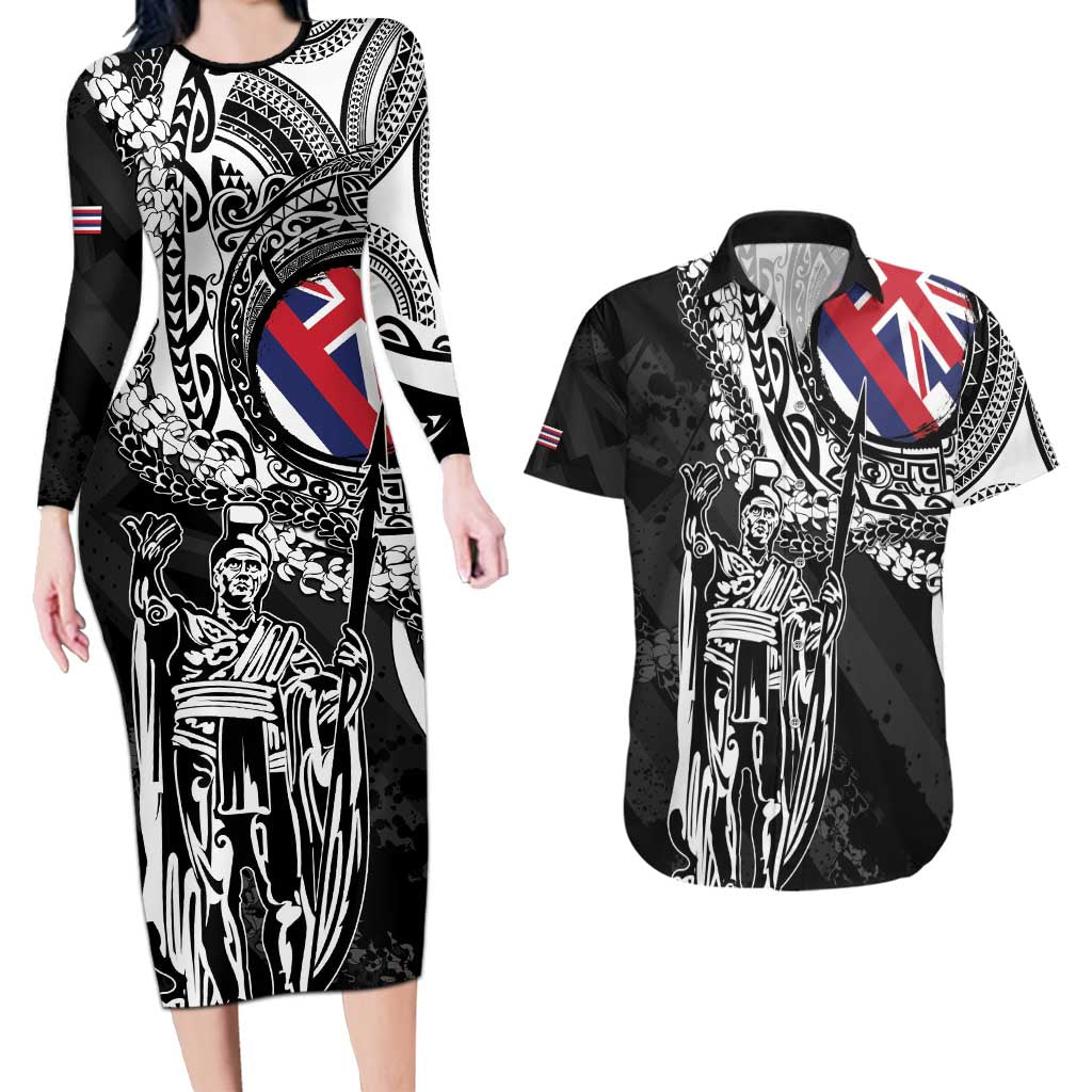Hawaii King Flag Couples Matching Long Sleeve Bodycon Dress and Hawaiian Shirt Hawaiian Maile Lei - Polynesian Pride