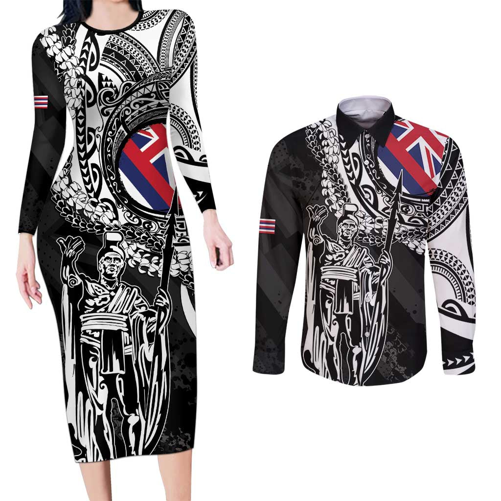 Hawaii King Flag Couples Matching Long Sleeve Bodycon Dress and Long Sleeve Button Shirt Hawaiian Maile Lei - Polynesian Pride