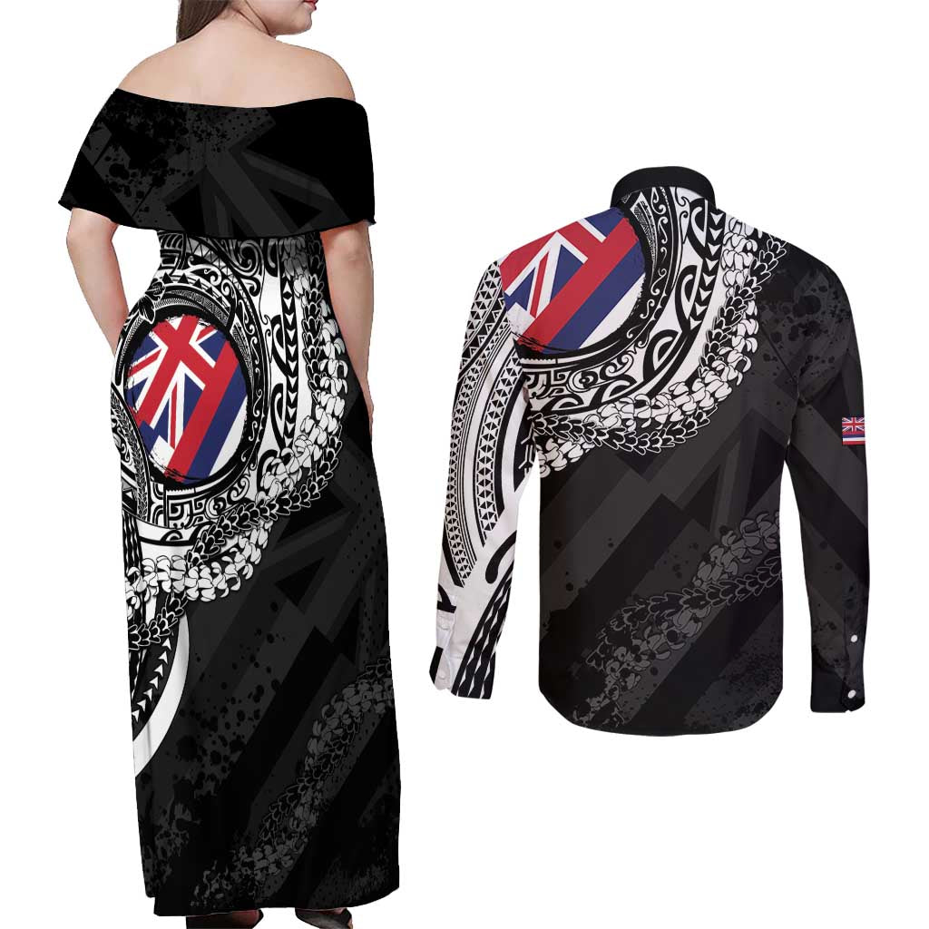 Hawaii King Flag Couples Matching Off Shoulder Maxi Dress and Long Sleeve Button Shirt Hawaiian Maile Lei - Polynesian Pride