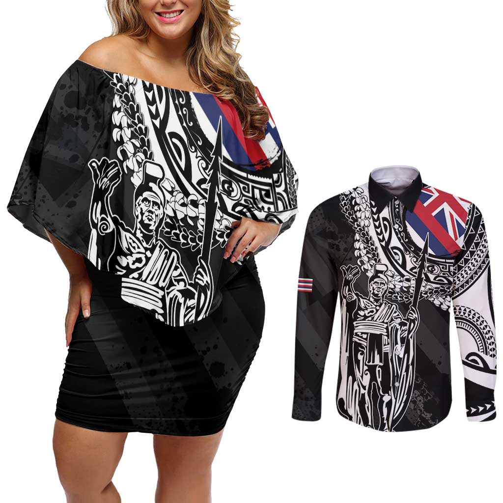 Hawaii King Flag Couples Matching Off Shoulder Short Dress and Long Sleeve Button Shirt Hawaiian Maile Lei - Polynesian Pride