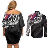 Hawaii King Flag Couples Matching Off Shoulder Short Dress and Long Sleeve Button Shirt Hawaiian Maile Lei - Polynesian Pride